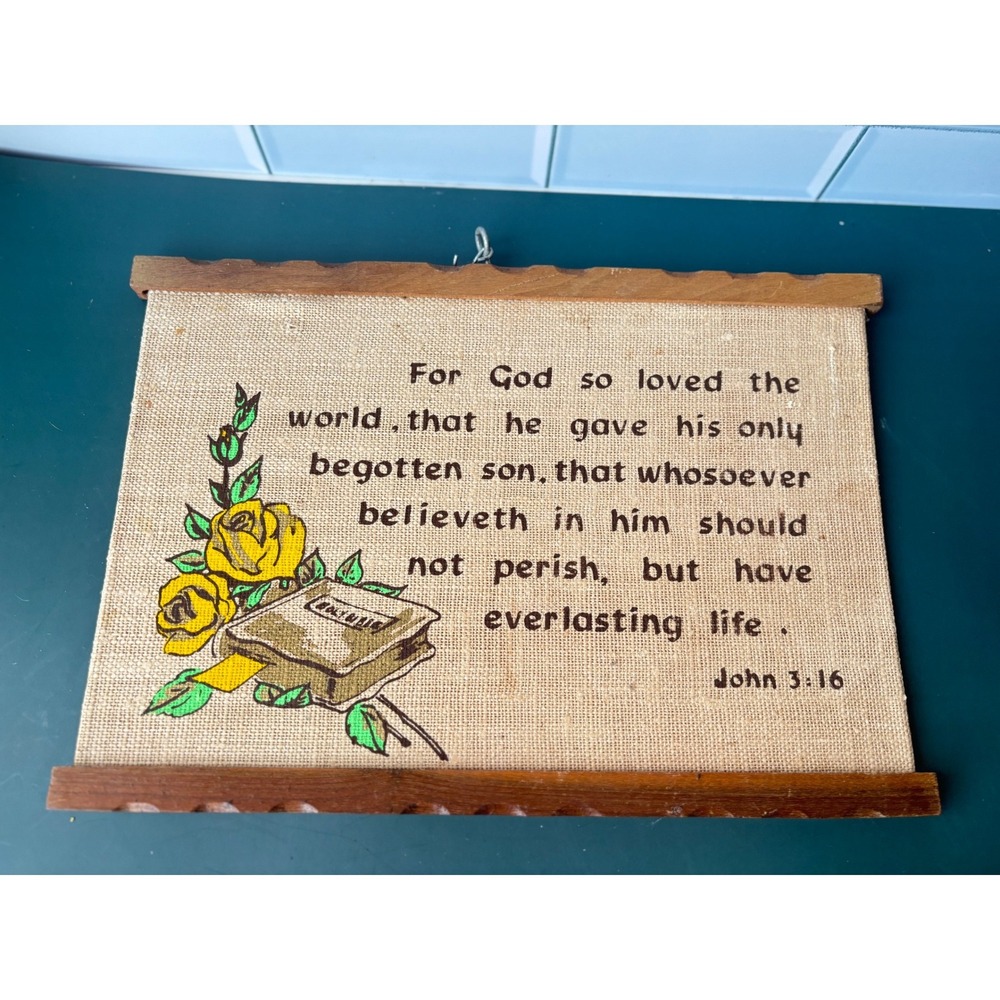Vintage John 3:16 Burlap Wall Hanging Scripture Wood Scroll Yellow Roses Decor